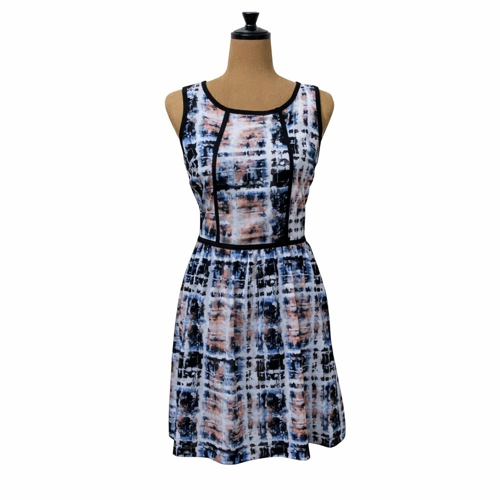 Abstract Watercolor Print Fit & Flare XS Dress Contrast Trim Modern Chic Chiffon
